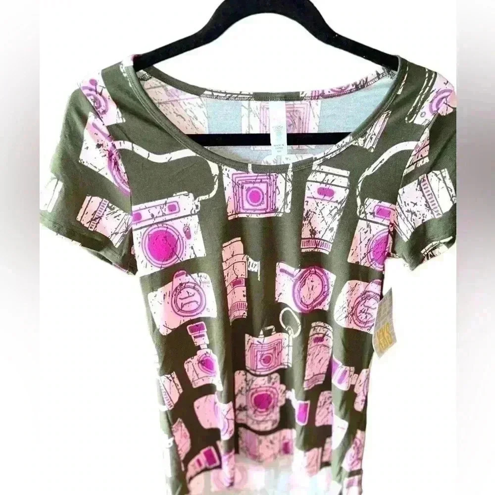 Lularoe XXS Classic T shirt Brown background with pink distressed cameras NWT